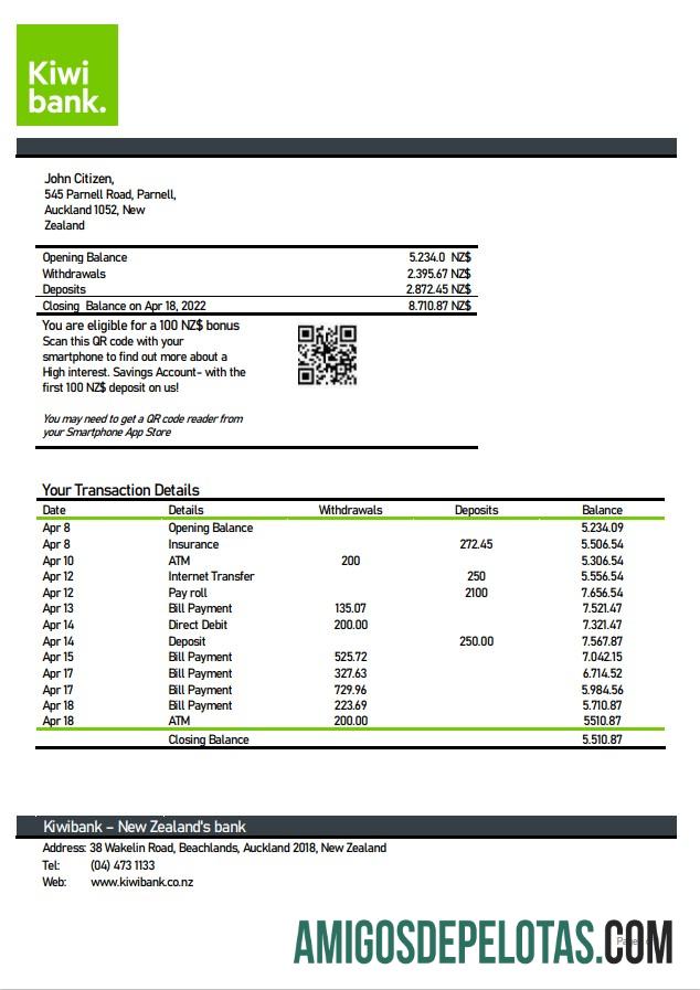 New Zealand Kiwiextrato bancário amostra